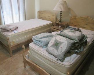 Pair of Twin Beds + 1-Nightstand, French Design in Light Color Tones. Twin Linens