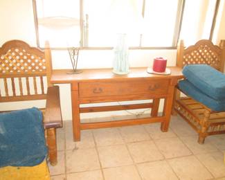 Pair of Wood Chairs, Spindles & Carved Detailing. Extended-Top Console Table, 1-Drawer, 63" X 19" X 30"