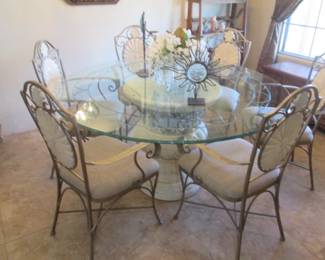 60" Glass Top Table, Pedestal Base & 6-Metal-Framed Chairs