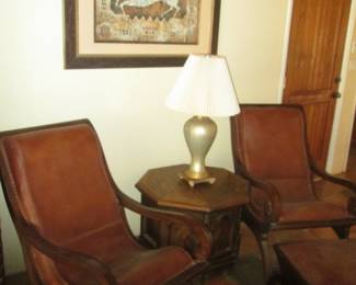 2-Matching Chairs & Ottomans, Leather. Octagon End Table