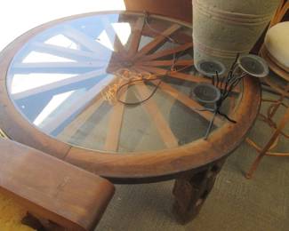 Rustic Wagon-Wheel, Glass Top Coffee Table, 42" Diameter