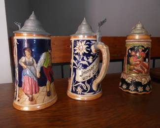 Vintage Reinhold Merkelbach German Stoneware Beer Steins (pair) #3395 1949-1964 (8.5" H)
Vintage Hand Painted German Beer Stein Lidded Lador Music Box - O Mein Papa (8.5” H)

