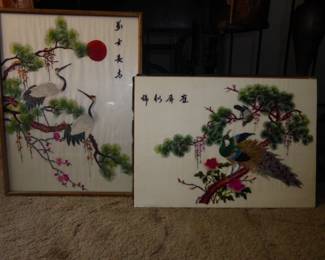 Vintage Chinese Silk Embroidery Art                            Cranes (framed); 19” L; 14.25” W
Peacock & Roses  (unframed);  18.25” L; 13” W
