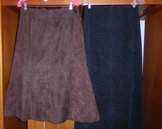 Liz Claiborne Brown Faux Suede A-Line Skirt (Petite Size 10) 
Black Leopard Print Brocade Pencil Skirt (Size 8) 
