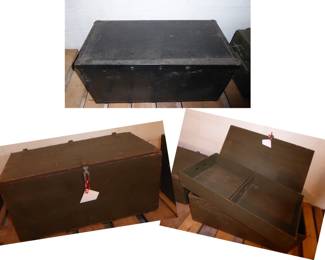 WWII Era Footlocker 
Black exterior/olive green interior; lid lifts off (not hinged); side handles
34.5" L; 18" W; 13.25" H 
Antique Wooden Army Footlockers (2)
Original condition – one with removable interior shelf; metal latch closure
31.75” L x 16” W x 13” H
