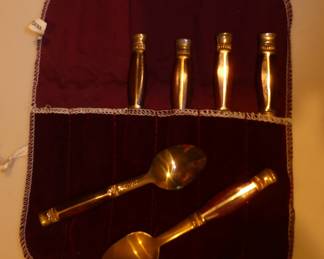 Mid-Century Vintage Brass Demitasse Spoons w/Teak/Rosewood Inlaid Handles (Thailand)                                                               Set of 6; velvet pouch 