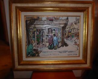 Anton Pieck 1800s City Marvietti Ivory-Cultured Engraving Plaque of Curiosity Shop 
Framed; 24” L; 20” W

