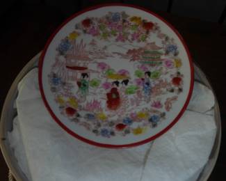 Vintage Japanese Geisha/Floral Dessert/Side Plates 
Set of 6 plates (6.5” diameter) stored in original box 
Stamped: Made in Japan
