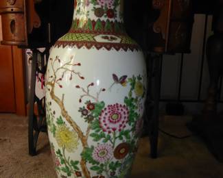 Vintage Hand-painted Chinese Porcelain Vase                                                                                                          24” H; includes carved wooden base stand
