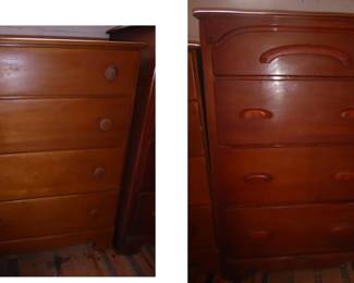 Colchester Group Vintage Dresser (left)
Vintage solid wood four drawer dresser; honey blonde maple; round wooden pulls; dovetailing detail; paper liners in drawers; 43” H x 32” W x 19” D
High Point Furniture Red Maple Dresser (right)                                                              4 drawer (one divided); dovetailing detail; paper liners in drawers; 47" H; 31.5" W; 19" D    