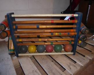 Early Vintage Croquet Set 
All wood croquet set for 6 players; metal wickets & storage frame included
