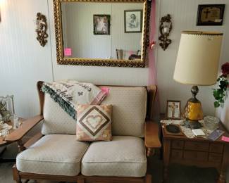 Vintage Maple Loveseat, Vintage Amber Table Lamp, 2-Drawer Side Table