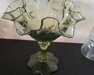 Vintage Fenton Green Colonial Cabbage Rose Ruffled Pedestal Candy Dish Compote