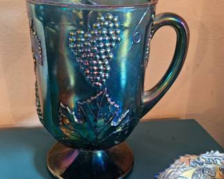 Indiana Colony Grape vine Harvest Blue Carnival Glass large PITCHER 1/2gallon