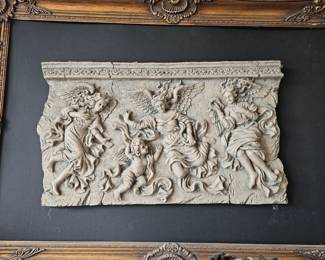 Framed Plaster Cast Stone Wall Plaque Depicting a Scene Inspired by Greek Mythology