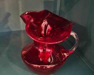 Ruby Red Mid Century Glass Syrup Pitcher Applied Handle - Hand Blown