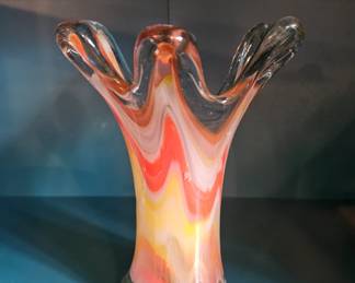 VTG Midcentury Art Blown Glass Vase Orange 11" Swung Fingers Stretch Pontail