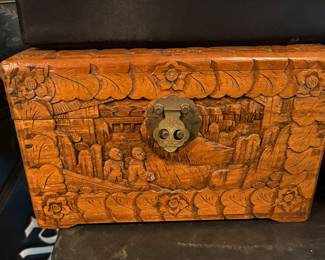 Ornate Asian Inspired Vintage Handcarved Camphor Wood Brass Hinged Box
