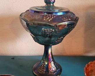 Vintage Indiana Harvest Grape Blue Carnival Glass Pedestal Candy Dish with Lid