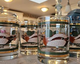 Set of 4 MALLARD Double Old Fashioned Glass Goblets Great Graphics 4 1/8" tall