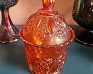 IMPERIAL Carnival Glass 7”h Marigold Candy Dish/Bowl w/lid