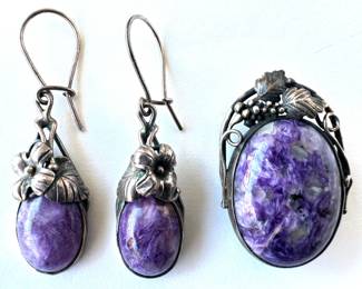 Sterling Silver & Charoite Brooch Pendant (13.3g) & Pair Charoite Earrings (11.6g)
Lot #: 82