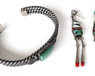 Native American Turquoise: Sterling Bracelet (26 Grams) & Zuni Earrings With Mother Of Pearl & Coral (5 Grams)
Lot #: 92