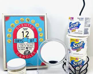 New Love Wild Shower Steamer, Trader Joe's Candles, Reversible Mirror & Toilet Paper Holder
Lot #: 185