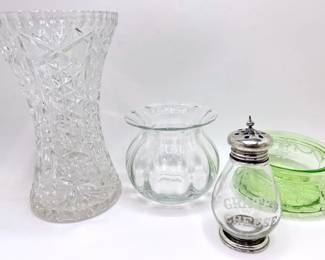 Grated Cheese Jar With Sterling Silver Lid & Base, Signed Crystal Vase, Depression Glass Vase & Cut Glass Vase
Lot #: 173