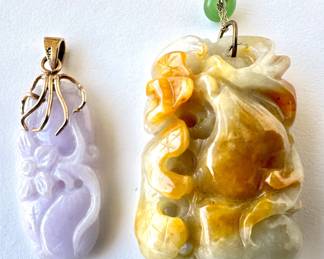 Lavender Jade & 14k Gold Pendant (4.9g) & Orange Chinese Mutton Fat 14k Gold Necklace (25.8g)
Lot #: 63