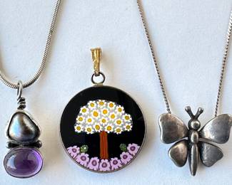 2 Sterling Silver Necklaces & 1 Pendant: Amber Pearl (8.7g) Silver Butterfly (4.2g) & Millefiori (3.8g)
Lot #: 119