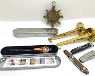 2 Heavy Brass Hooks, Vintage Brass Sun Clip, Vintage Boy Scout Folding Knives & 2 Bondic Welding Glue Kits
Lot #: 169