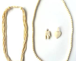 2 Beaded Bone Necklaces, Bone Elephant & Heart Pendants (total 40 Grams)
Lot #: 70
