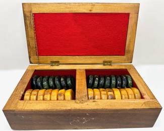 Vintage Green & Yellow Backgammon Resin Tiles - 30 Pieces With Wood Box
Lot #: 181
