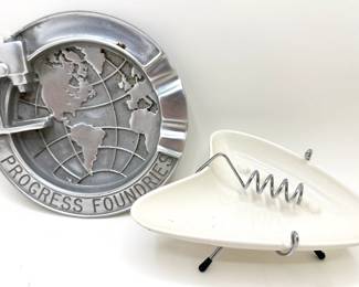 2 Retro Ash Trays: Atomic White Ceramic & Metal Science Theme From Progress Foundries
Lot #: 60