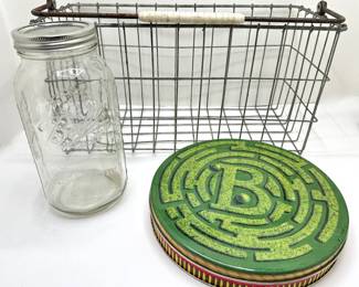 Vintage Wire Basket, Ball Mason Jar & Bloomingdale's Cookie Biscuit Tin
Lot #: 103
