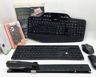 Dell & Logitech Keyboards, 2 Mice, Swingline Long Stapler, HP Brochure Paper & Phone Cases
Lot #: 192