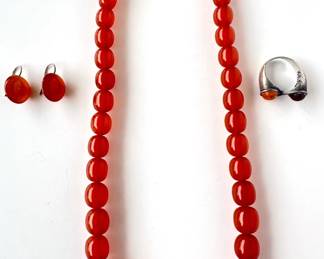 Vintage Amber: Bead Necklace (41 Grams), Earrings With Gold Findings (2.7 Grams) & Sterling Ring, Size 8.25
Lot #: 108