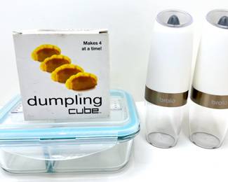 2 Bralo Spice Mills, New In Box Dumpling Maker & Glass Lunch Box With Plastic Lid
Lot #: 176