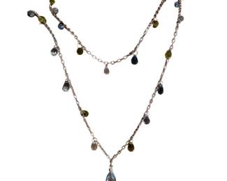 14K White Gold Long Necklace with Periodot & Blue Topaz