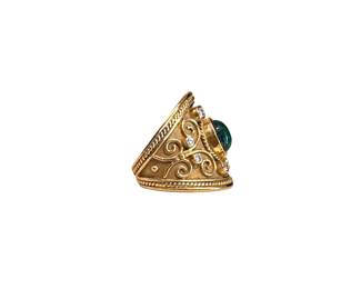 18K Gold Ring with Cabochon emerald & diamonds ring
