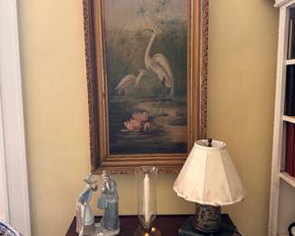 Lladro figurines and crane painting