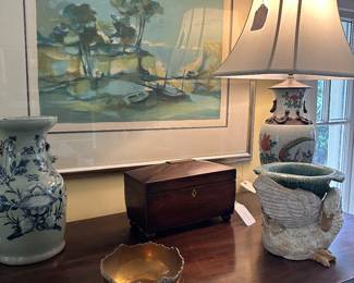 Antique tea caddy and urns