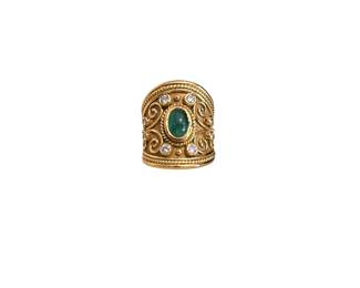 18K Gold Ring with Cabochon emerald & diamonds ring