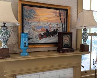 Vintage blue and white lamps and mantel clock