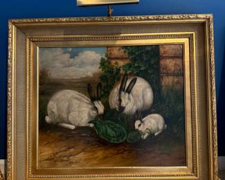 Antique Rabbits Eating Lettuce Oil Painting Signed C. Burenson