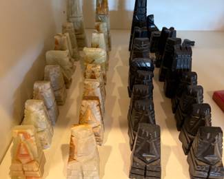 Carved Green and Black Onyx Chess Set