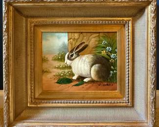Vintage Rabbit Oil Painting by C. Gerald