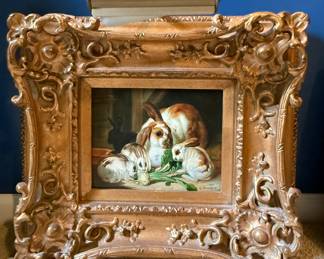 Antique “Rabbits in an Interior” by John Herring Oil Painting Reproduction by E. Bennett
