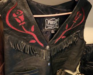 Leather Vest - Red Flowers on the Back and the Front.